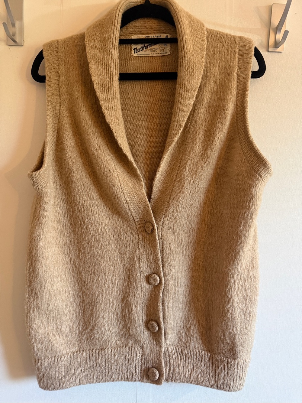 Peruvian Alpaca Wool Cardigan Vest Beige Shawl Collar Artisan Knit Size M